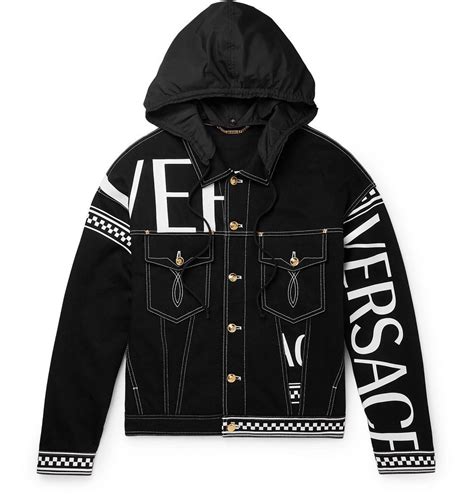 versace padded hooded jacket|Versace black denim jacket.